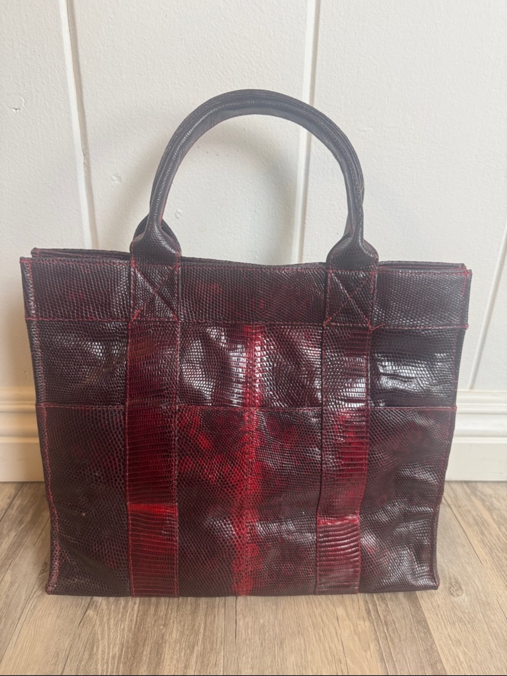 Vintage Snakeskin Leather Tote Bag Red Structured Exotic Top Handle